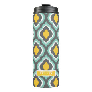 Garrafa Térmica Cinza Aqua e amarelo Ikat marroquino Monograma