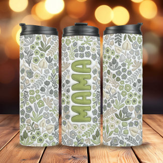 Garrafa Térmica Cinza Boho Floral 3D Efeito Mama