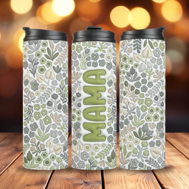 Garrafa Térmica Cinza Boho Floral 3D Efeito Mama (3D Inflated Gray Sage Boho Flowers Mama Thermal Tumbler)