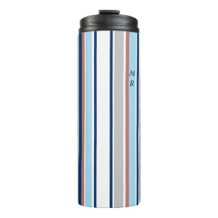 Garrafa Térmica Cinza Branca Vermelha Azul Moderna Stripes Monogra