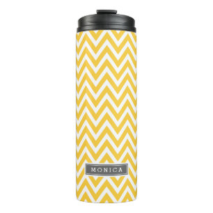 Garrafa Térmica Cinza e Monograma de Chevron Amarelo