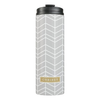 Garrafa Térmica Cinza e Monograma Dourado de Herringbone