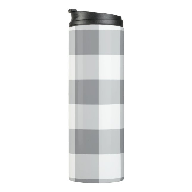 Garrafa Térmica Cinza E Padrão De Gingham Branco (Rotação à direita)