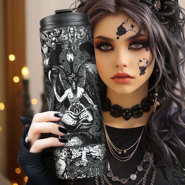 Garrafa Térmica Cinza Negra Testemunha Gótica Vitoriana Baphomet (If you love all things witchy and alternative, this is the flask for you. Cats, Bats and Baphomet.)