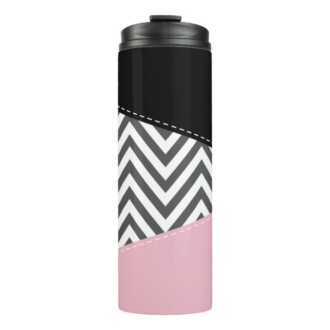 Garrafa Térmica Cinza Zigzag, Cinza Chevron, Zigzag Patterno, Rosa (Frente)