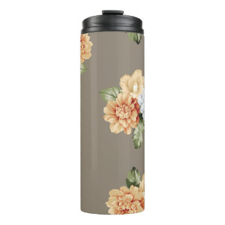 Garrafa Térmica cinzas e flores cremosas, com folhas, em forma de 
