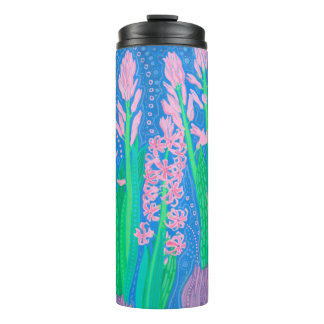 Garrafa Térmica Cinzas Rosa Flores de Mola Pintura de Arte Floral