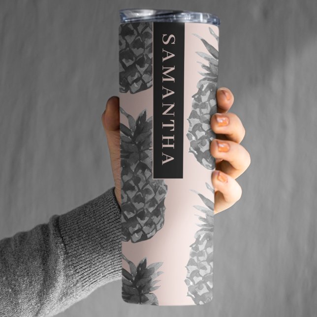 Garrafa Térmica Cinzas Tropicais E Padrão De Abacaxi Rosa Com Nome (Criador carregado)
