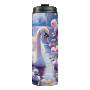 Garrafa Térmica Cisne branco e Cygnet com Rosas roxos