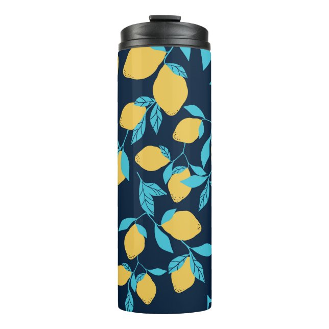 Garrafa Térmica Citros simples: limões em azul. (Frente)