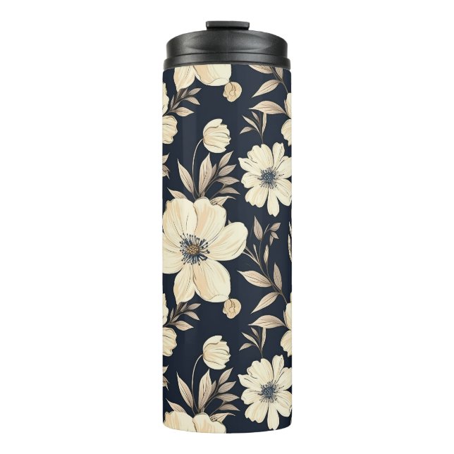 Garrafa Térmica Classic Cream Flowers On Dark Navy Blue Background (Frente)