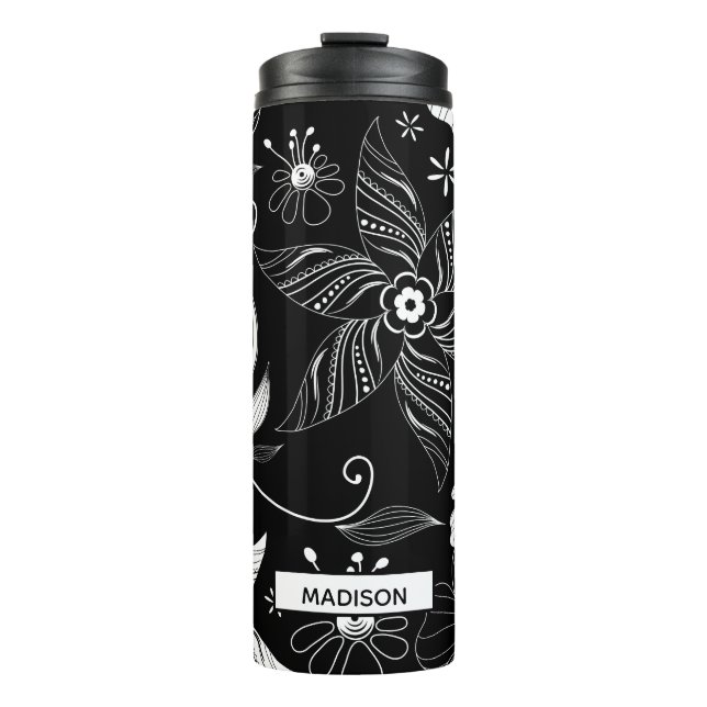 Garrafa Térmica Clássico Preto Floral Personalizado (Frente)