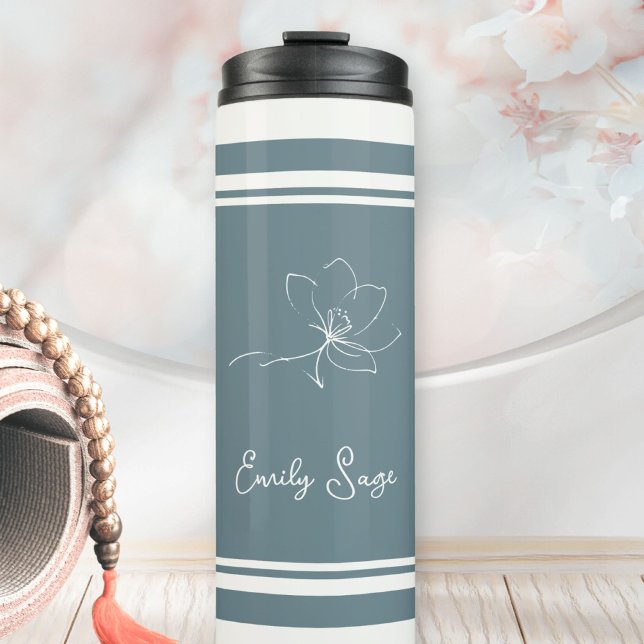 Garrafa Térmica Coastal Blue Ivory Floral Line Art Striped (Minimalist Floral Line Art Zen Coastal Blue Ivory Thermal Tumbler ©Sachers - Sunny Wanderlust 🌞✈️)