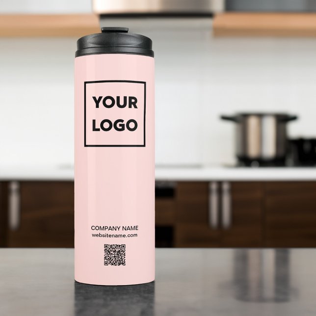 Garrafa Térmica Código QR do logotipo comercial personalizado a ro (Custom Business Logo QR Code on Coral Pink Thermal Tumbler in situ)