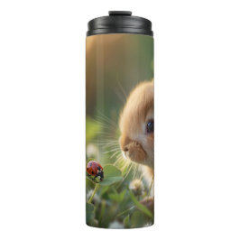 Garrafa Térmica Coelho bonito e uma joaninha no campo verde