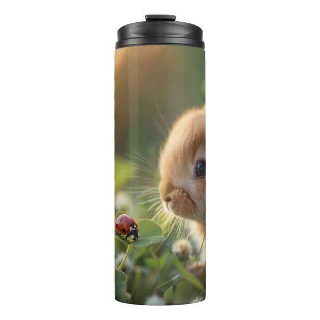 Garrafa Térmica Coelho bonito e uma joaninha no campo verde (Frente)
