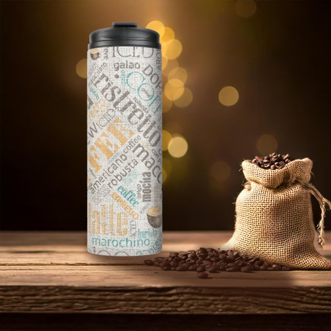 Garrafa Térmica Coffee on Burlap Word Cloud Teal ID283 (Criador carregado)