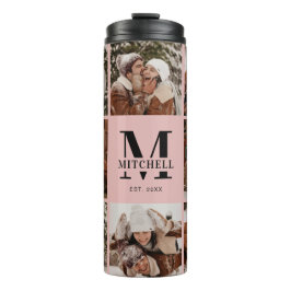 Garrafa Térmica Colagem de Fotografias da Família Monograma Rosa-B