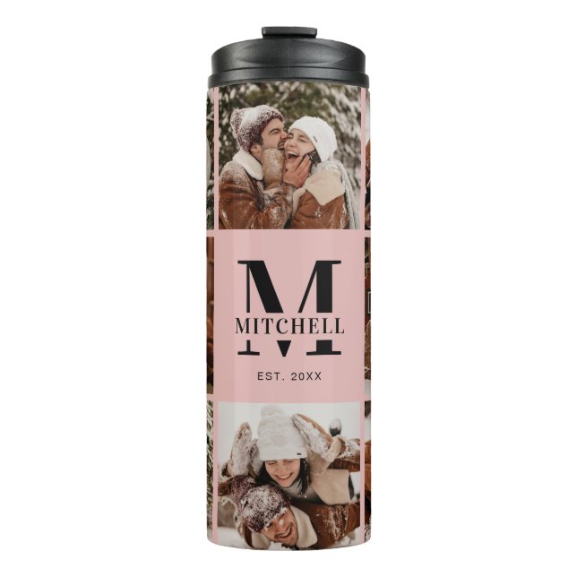 Garrafa Térmica Colagem de Fotografias da Família Monograma Rosa-B (Frente)