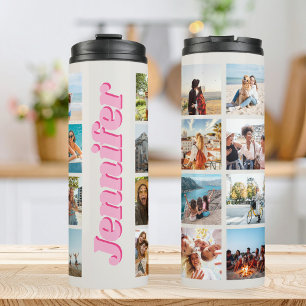Garrafa Térmica Colagem de Fotografias Personalizada do Monograma 
