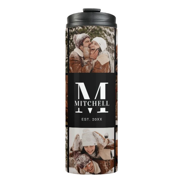 Garrafa Térmica Colagem de Fotos e Monogramas Modernos em Preto Ch (Frente)