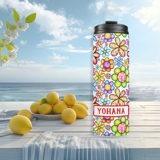 Garrafa Térmica Colagem Floral colorida com aquarelas Verão (Watercolor colourful Floral Collage custom Summer Thermal Tumbler)