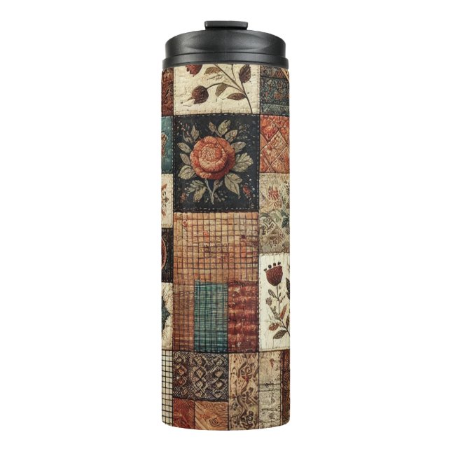 Garrafa Térmica Colcha de Remendo de Terracota Floral Boho Rústico (Frente)