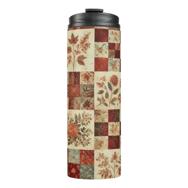 Garrafa Térmica Colcha de Remendo de Terracota Floral Boho Rústico (Frente)