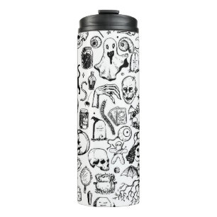 Garrafa Térmica Coleção de Doodles Halloween, Estilo Vintage.