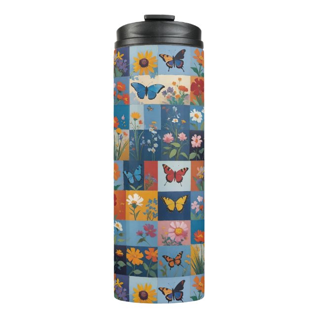 Garrafa Térmica Colorful Butterflies And Wildflowers Patchwork (Frente)