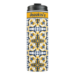 Garrafa Térmica Com nome💙💛 Belos Azulejos azuis e amarelos 