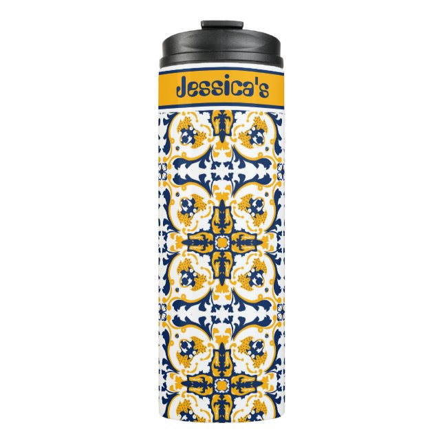 Garrafa Térmica Com nome💙💛 Belos Azulejos azuis e amarelos  (Frente)