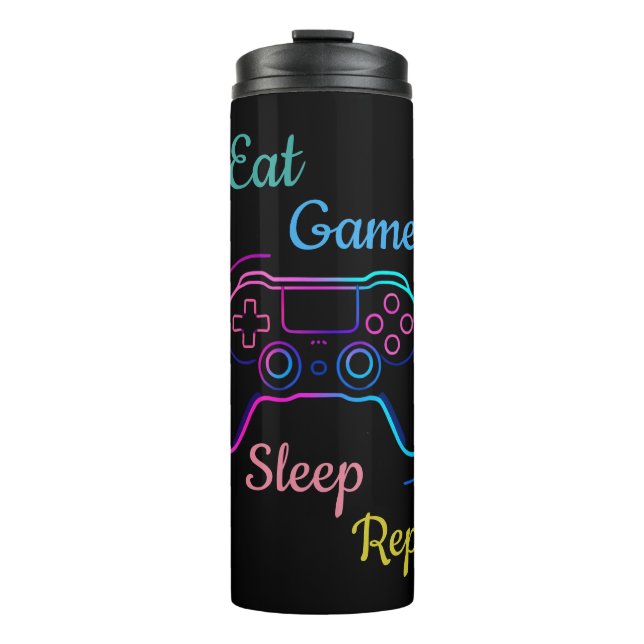 Garrafa Térmica Coma Jogo Durma Repita | Neon Gamer Personalizável (Frente)