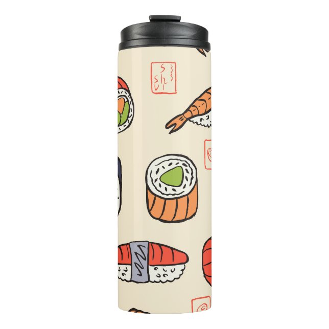 Garrafa Térmica Comida sushi, design de padrão uniforme. (Frente)
