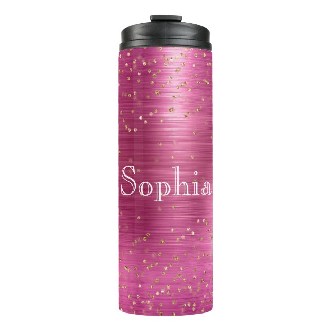 Garrafa Térmica Confetti Dourado de brilho rosa, personalizado (Frente)