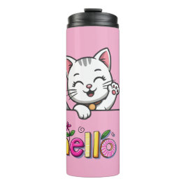 Garrafa Térmica Copo Térmico Rosa Olá Gatinho Fofo Ondulando