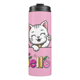 Garrafa Térmica Copo Térmico Rosa Olá Gatinho Fofo Ondulando