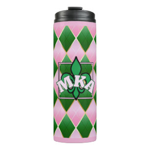Garrafa Térmica Copo Térmico Xadrez Rosa Verde Monograma Chic