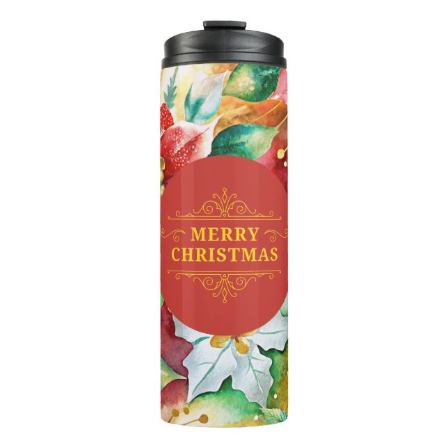 Garrafa Térmica Copos Florais de Natal Vermelho e Dourado Elegante (Frente)