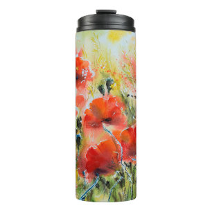 Garrafa Térmica Cor da água - pintura de flores vermelhas de papo