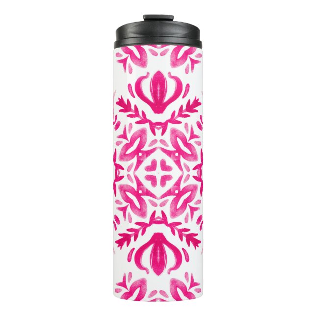 Garrafa Térmica Cor d'água rosa: design de azulejo geométrico. (Frente)