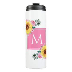 Garrafa Térmica Cor De Água Botânica Rosa De Girassol Monograma