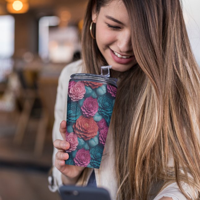 Garrafa Térmica Cor-de-rosa e azul 3D (PINK FLORAL TUMBLER)