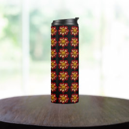 Garrafa Térmica Cor Vermelha Dahlia Padrão Floral em Preto