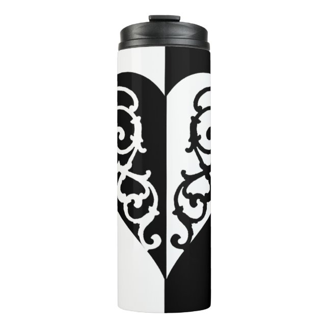 Garrafa Térmica Coração de Filigrana Preta &Branca (Frente)
