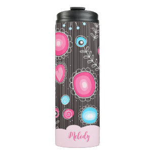 Garrafa Térmica Corações azuis e flores, cor-de-rosa-branca, nome