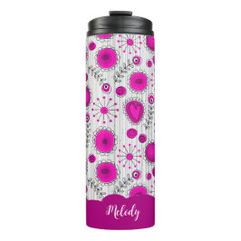 Garrafa Térmica Corações brancos, cor-de-rosa, flores nome floral