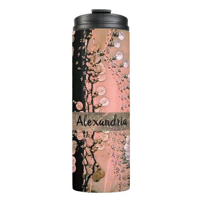 Garrafa Térmica Coral rosa-clássico e espinho cigano-preto (Frente)