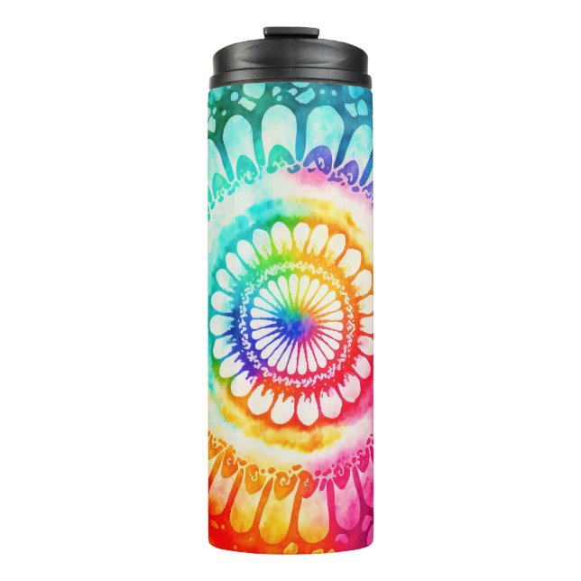 Garrafa Térmica Cores de Arco-íris Tie Dye Retro Hippie Groovy  (Frente)