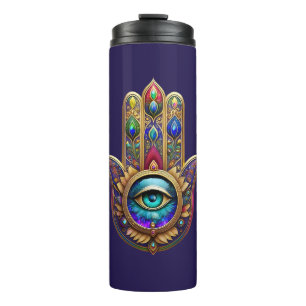 Garrafa Térmica Cores de Pavão Dourado Hamsa Verde Safira Terceiro